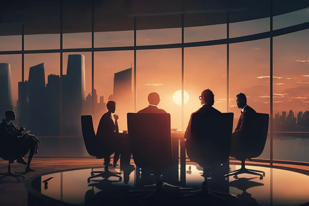 Digital Marketing Specialist Saudi Arabia,Businesspeople silhouette meeting in a conference room with a city skyline and sunset in the background.